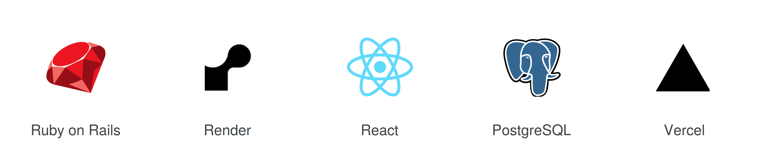Logos for Ruby on Rails, Render, React, PostgreSQL and Vercel.