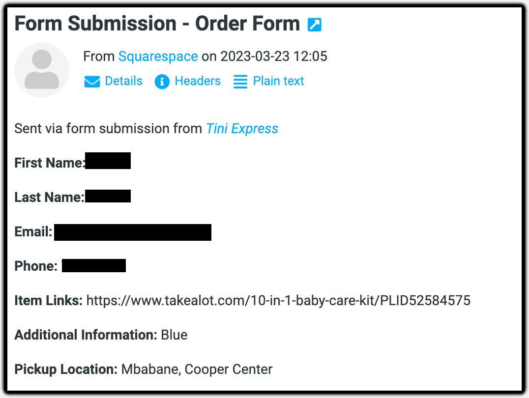 A Squarespace form-submission email dated 23 March 2023. The customer's name, email and phone number are blacked out. It shows an item link to a Takealot baby care kit, additional information "Blue", and a pickup location of Mbabane, Cooper Center.