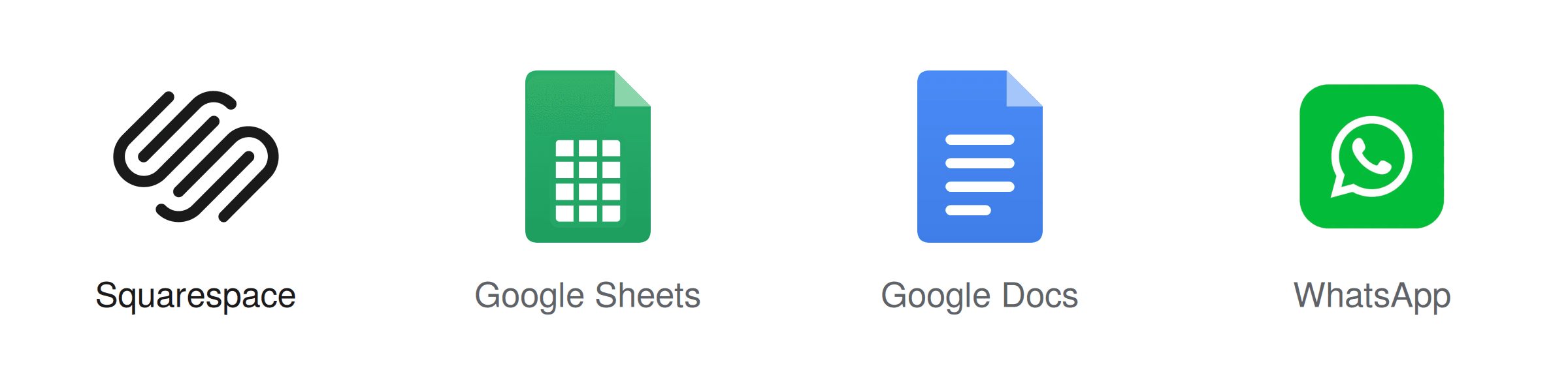 Logos for Squarespace, Google Sheets, Google Docs and WhatsApp.