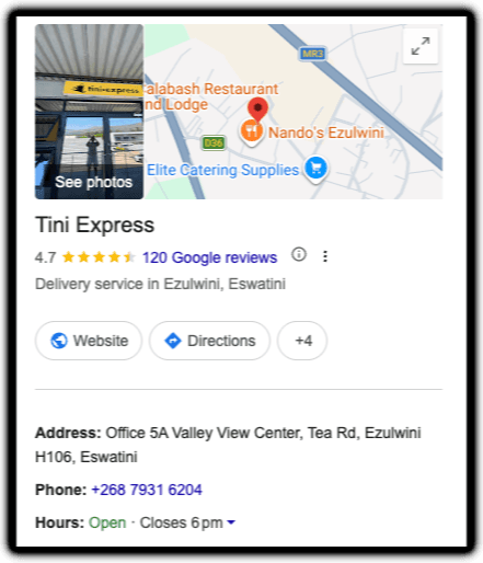 The Tini Express Google Business listing: 4.7 stars from 120 Google reviews, "Delivery service in Ezulwini, Eswatini", with a map showing the Ezulwini location.