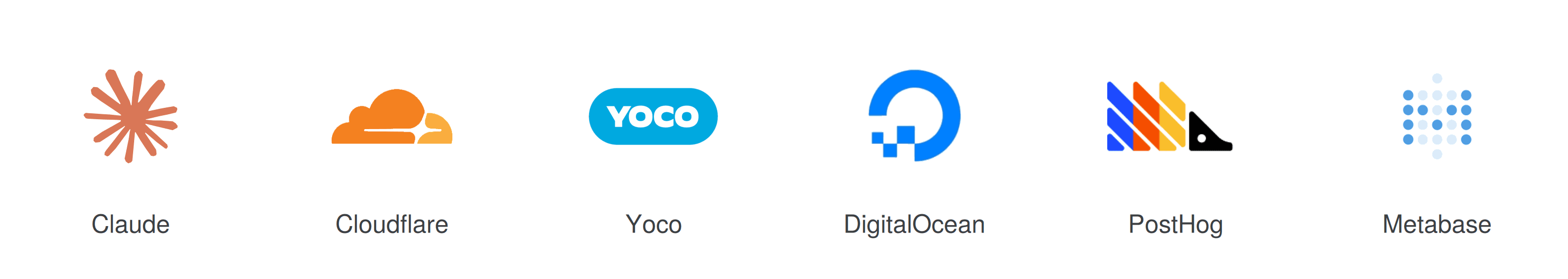 Logos for Claude, Cloudflare, Yoco, DigitalOcean, PostHog and Metabase.