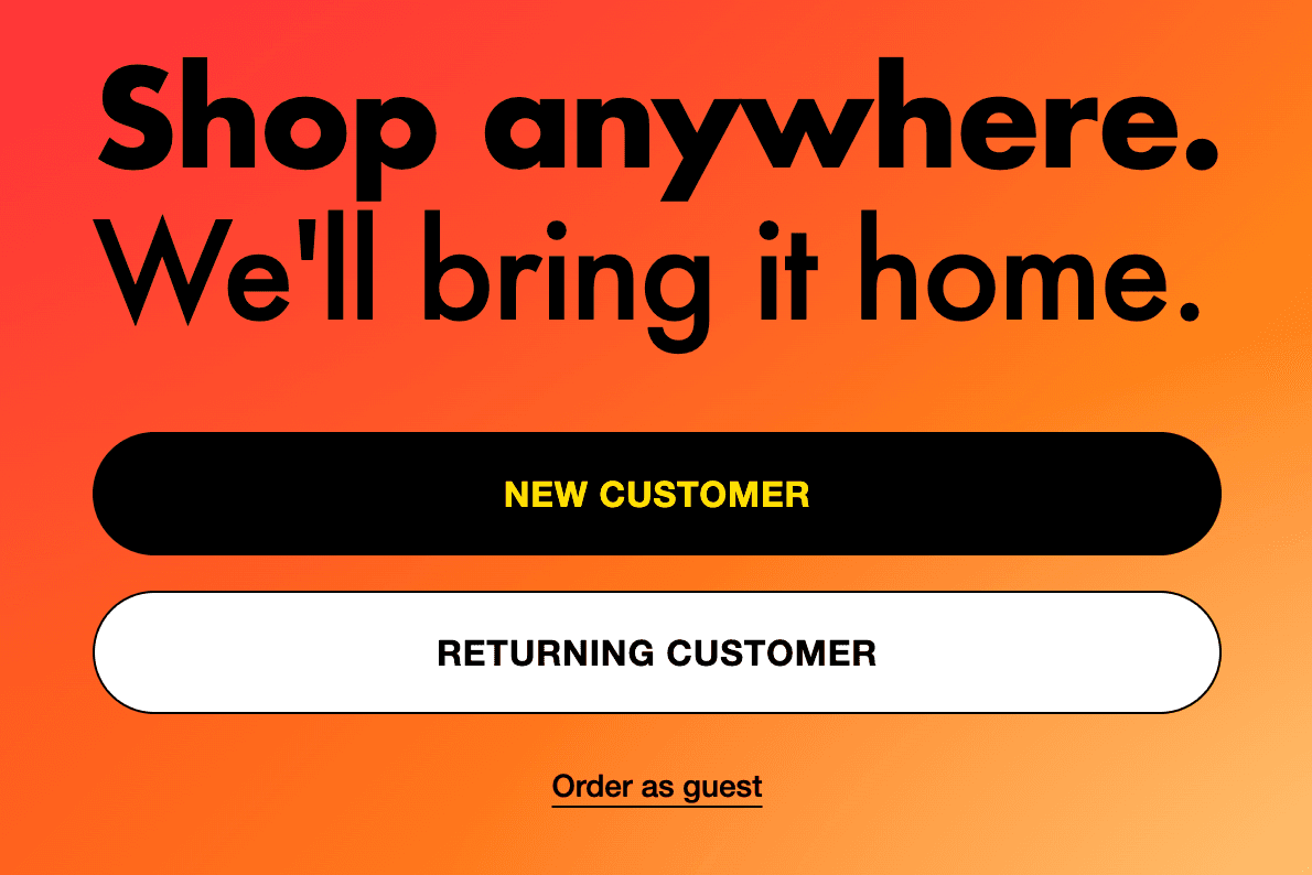 The Tini Express customer web app: a full-bleed brand gradient with the headline "Shop anywhere. We'll bring it home.", a New Customer button, a Returning Customer button, and an Order as guest link.